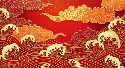 Traditional chinese red and gold clouds and waves pattern background