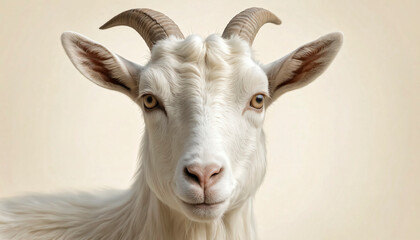Fototapeta premium Close-up portrait of a white goat showcasing horns and detailed features