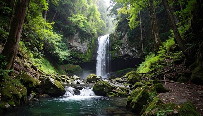 Lush waterfall cascading down rocky gorge