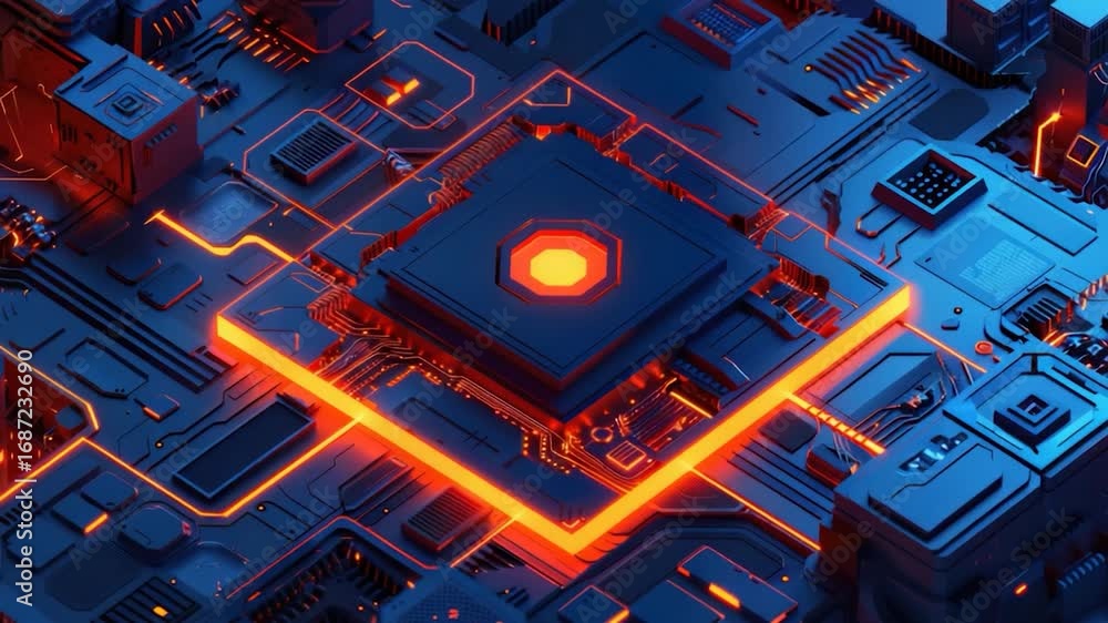 Poster a close-up view of a circuit board with a bright red indicator light, suitable for technology or ele