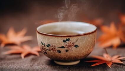 A warm, comforting ceramic teacup, adorned with delicate floral patterns, sits amidst autumnal maple leaves, exuding a sense of serene tranquility.