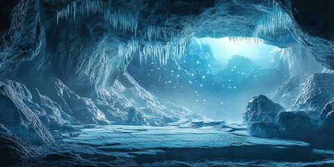 Enchanting ice cave with glowing blue light and icicles, creating a magical winter wonderland atmosphere