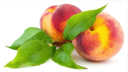 A fresh peach with a leaf, isolated on a white background, captured in high detail with studio lighting.