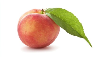 A fresh peach with a leaf, isolated on a white background, captured in high detail with studio lighting.