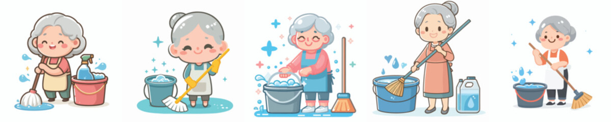 vector of a grandmother mopping