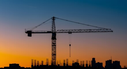 Tower Crane Silhouette Against a Vivid Sunset Sky at a Construction Site