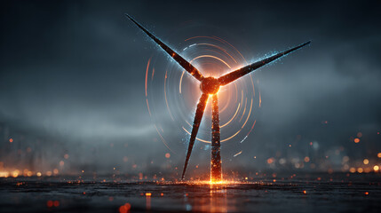 Wind Turbine with Futuristic Digital Interface against a Dynamic Energy Data Visualization