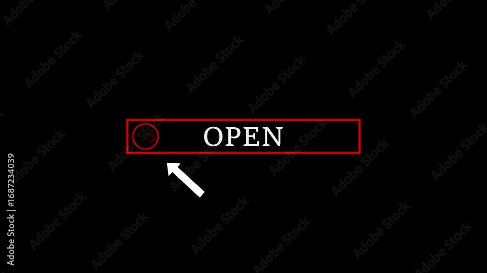 Poster glowing white text cursor animation. design is open button vector sign, symbol, pointing towards dow