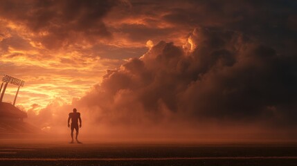Fototapeta premium A dramatic sports background with a sunset and a lone athlete on a field ready for action.