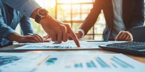 Obraz premium Business people collaborating on financial reports and charts during a meeting, with a focus on data analysis and teamwork