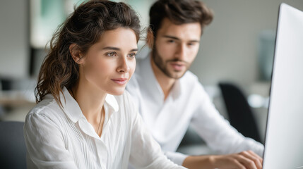 Fototapeta premium Colleagues work on a computer, the focused scene illuminated by soft light. Colleagues, computer, with copy space