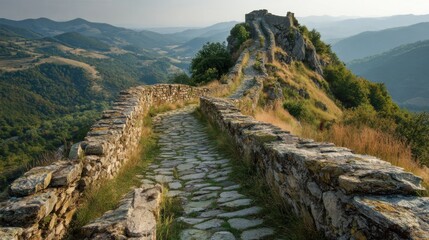 Fototapeta premium ancient stone path mountaintop castle