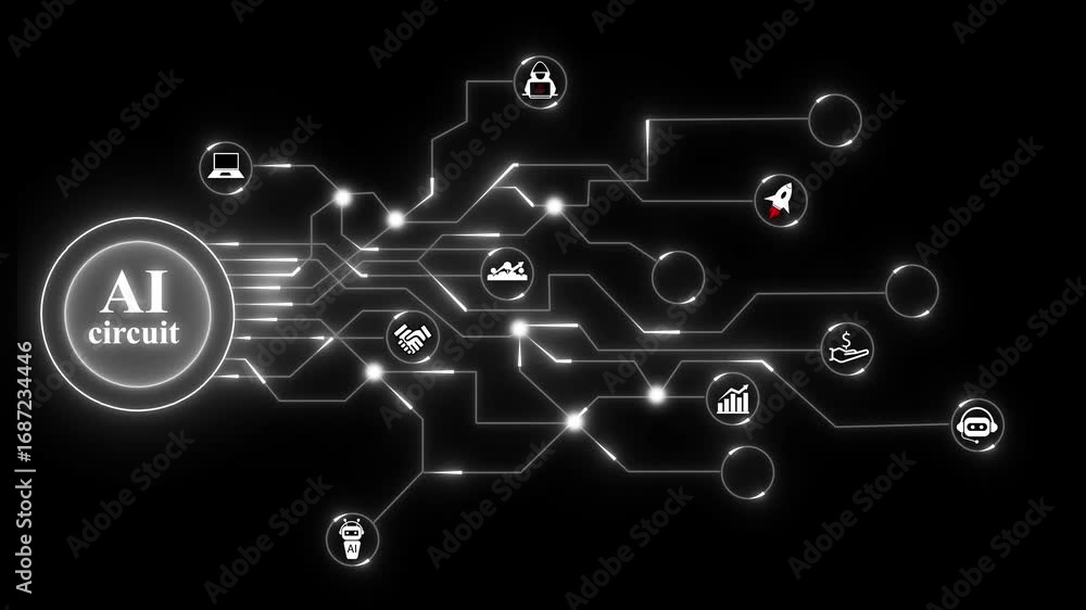Poster white ai circuit with technology icons and neon connections on black artificial intelligence. ai and