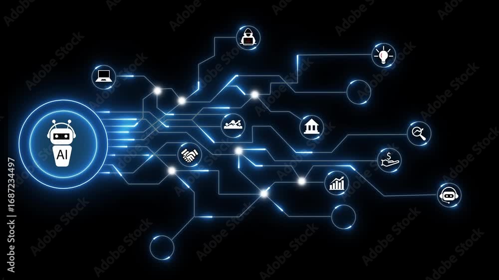 Poster artificial intelligence network with digital icons and blue circuit lines technology. ai and network