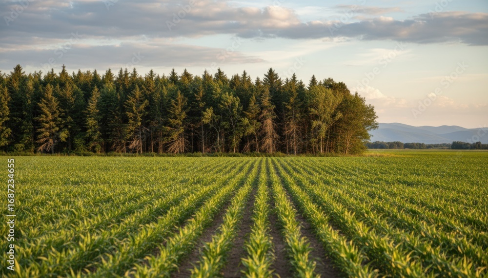 Poster medium shot capturing a field bordered by dense rows of trees acting as a natural windbreak protecti