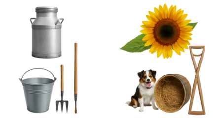 FARMING - Rustic farm tools and equipment with sunflower and puppy dog isolated on white background, perfect for agriculture and rural lifestyle projects
