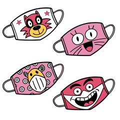 A vibrant set of four illustrated childrens face masks with funny cartoon animal faces and characters.