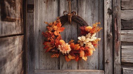 A fall-themed wreath hanging on a rustic wooden door, adding warmth and charm to the autumn entrance.