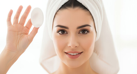 Young woman with a towel on her head holding a cotton pad and smiling in a bright bathroom