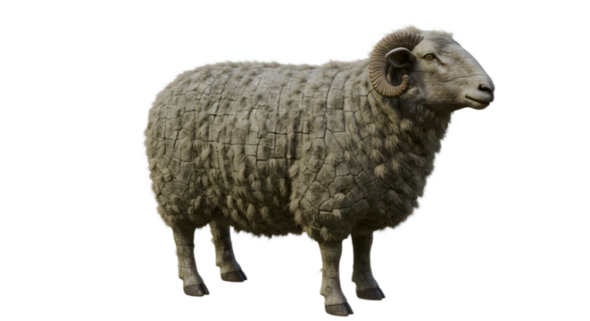 FARMING - Close-up of a curly wool sheep isolated on transparent background, perfect for farming and agriculture projects