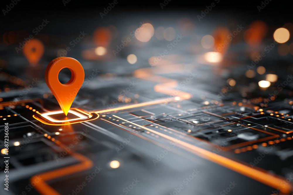 Poster orange location pin on glowing circuit board digital map technology navigation