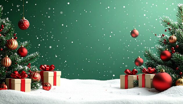 Christmas presents sit beneath decorated christmas trees in snowy scene with falling snow and festive ornaments, creating a magical holiday atmosphere.