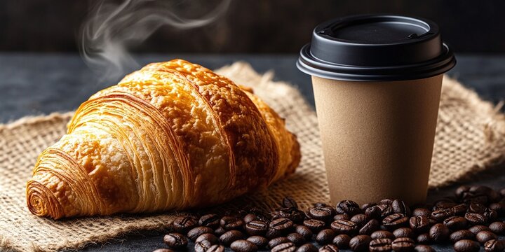 Freshly baked croissant with a steaming cup of coffee and roasted coffee beans on a rustic surface