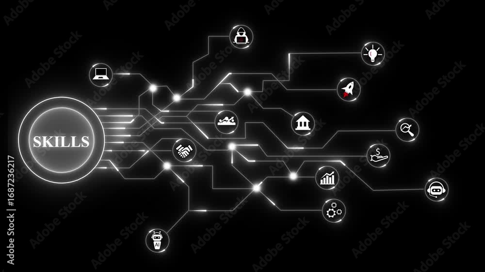 Poster skills network with white circuit lines and digital icons technology.wi-fi and wireless network tech