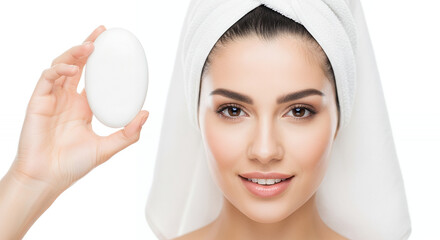 Young woman with a towel on her head holding a cotton pad and smiling in a bright bathroom