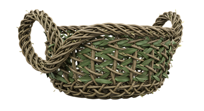 FARMING - Rustic woven basket with green accents and loop handles perfect for storage and home organization