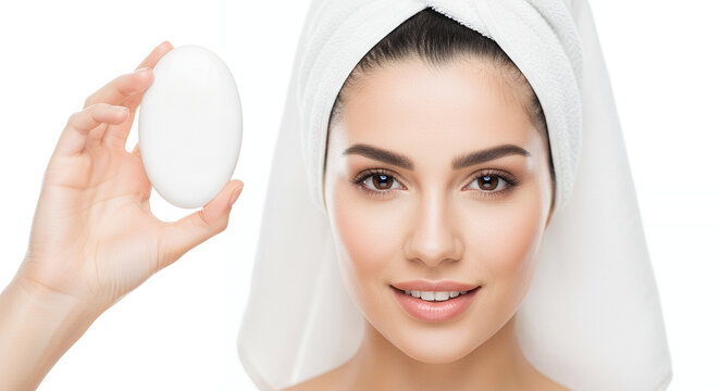 Young woman with a towel on her head holding a cotton pad and smiling in a bright bathroom - Powered by Adobe