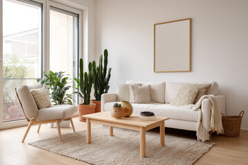Modern living room design beige sofa wooden coffee table large window plants and rug