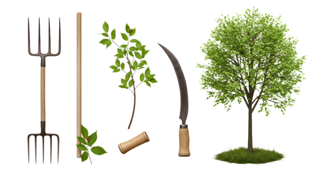 FARMING - Set of gardening tools with tree branch and leafy tree on white background, perfect for gardening and nature projects