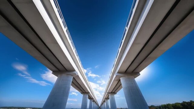 Two parallel elevated highways supported by large concrete pillars, photographed from below as they stretch toward the horizon.