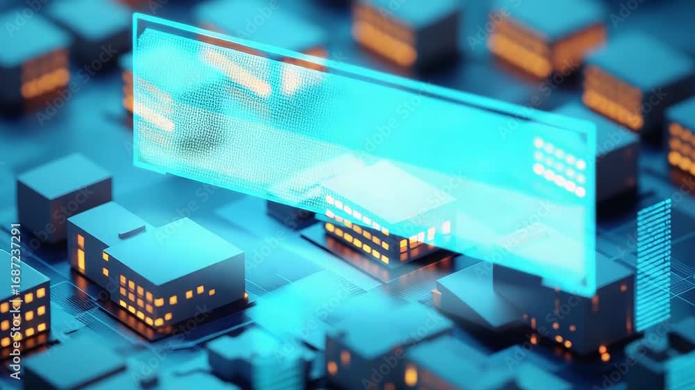Poster futuristic smart city integrating digital data visualization and modern technology