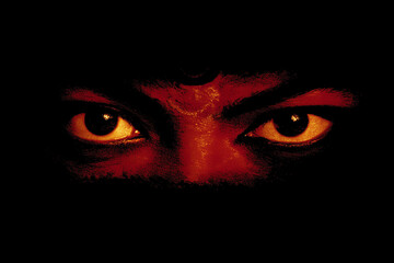  High-contrast Durga eyes in gold with shadowed red background and central space for text.
