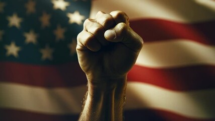 A close-up view of a man's fist holding an American flag, conveying patriotism and national pride