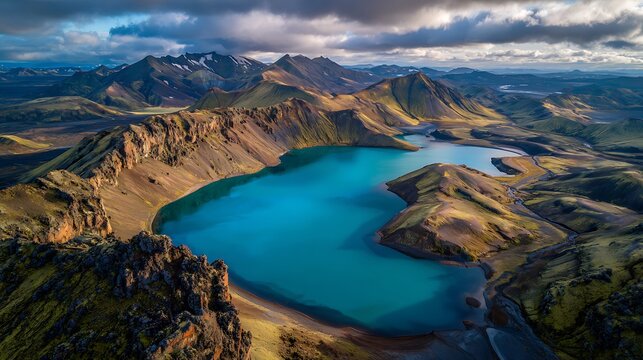 Aerial View of Turquoise Lake and Mountainous Landscape in Iceland - Powered by Adobe