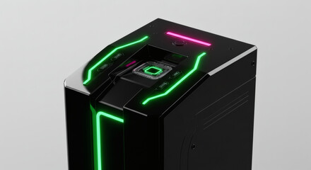 A high-tech biometric scanner on a futuristic device with vibrant green and pink neon lighting, representing advanced cybersecurity concepts
