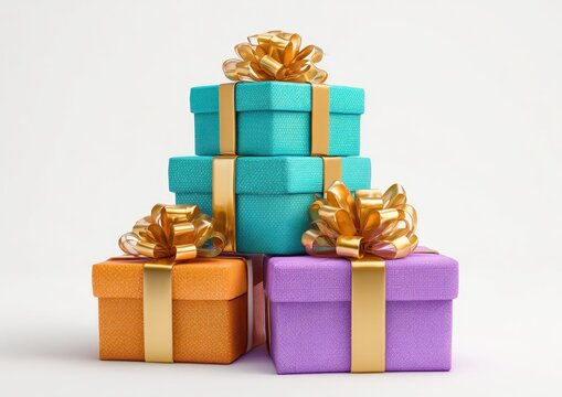 Stacked gift boxes in teal, orange, and lavender, adorned with gold ribbons and bows, on a white background