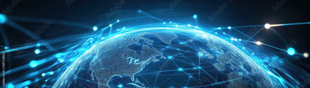 Poster a digital depiction of earth surrounded by glowing network lines, representing global connectivity a