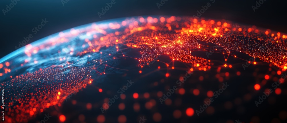 Poster a futuristic view of earth highlighting glowing connections and networks, symbolizing global data fl