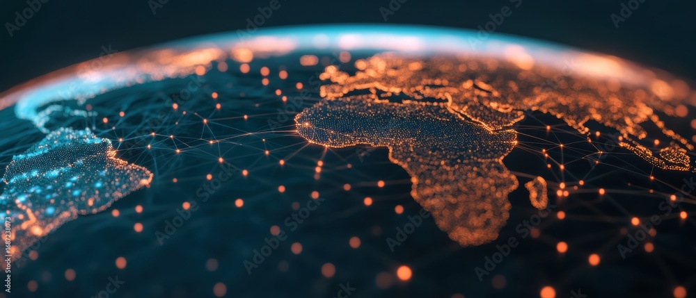 Poster a digital depiction of earth showcasing interconnected networks with glowing points representing cit