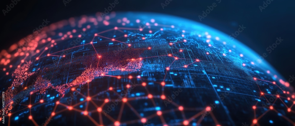 Poster a vibrant, digital representation of earth showcasing interconnected networks, symbolizing global da