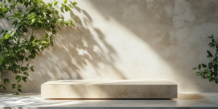 Minimalist stone podium with green leaves and dappled sunlight on a textured wall background
