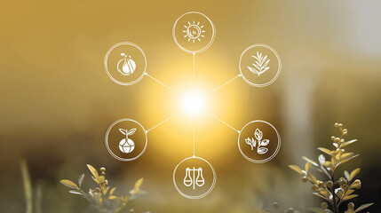 Icons depict concepts, the illustrative scene illuminated by gentle sunlight. Icons, concepts, with copy space