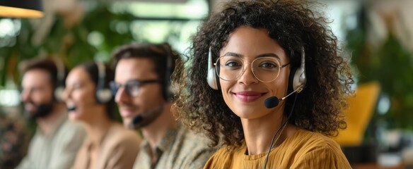The woman smiling as customer service agent wearing headset in modern office