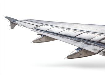 Close-up of an airplane wing, showing the leading edge and flaps.  The wing is slightly aged and shows some discoloration