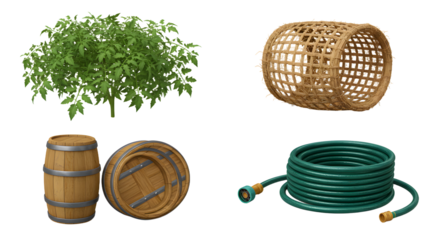 FARMING - Green bush, wooden barrels, wicker basket, and green garden hose isolated on white background, perfect for gardening and outdoor projects