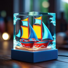 miniature ship in a clear glass box
